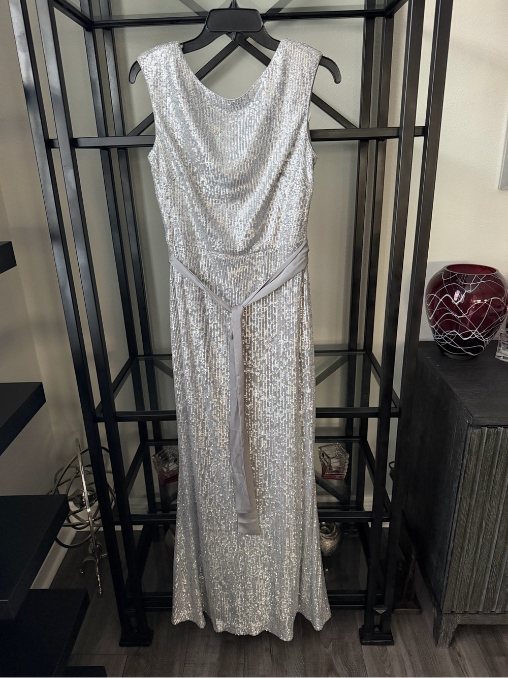 Joseph Ribkoff Silver Sequin Sleeveless Gown with Sash